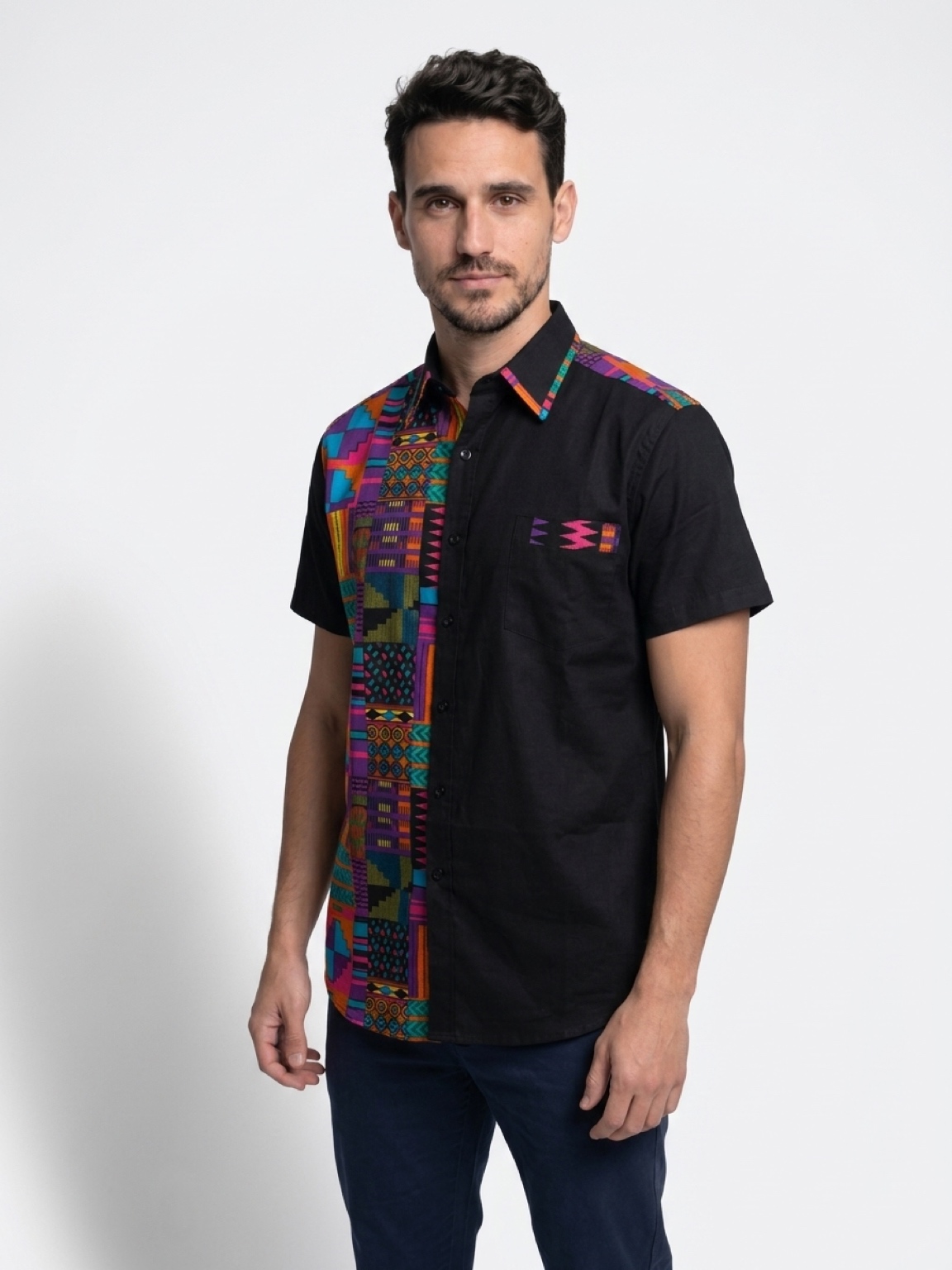 MEN'S BLACK & KENTE MULTICOLOR AFRICAN PRINT SHIRT - Image 2