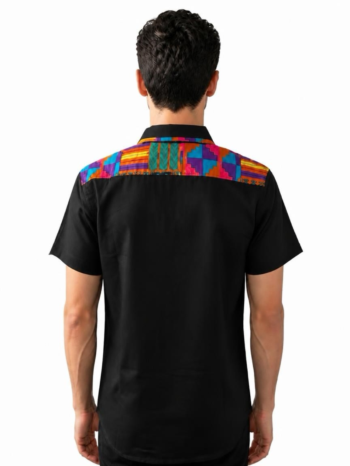 MEN'S BLACK & KENTE MULTICOLOR AFRICAN PRINT SHIRT - Image 3