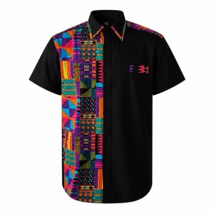MEN'S BLACK & KENTE MULTICOLOR AFRICAN PRINT SHIRT