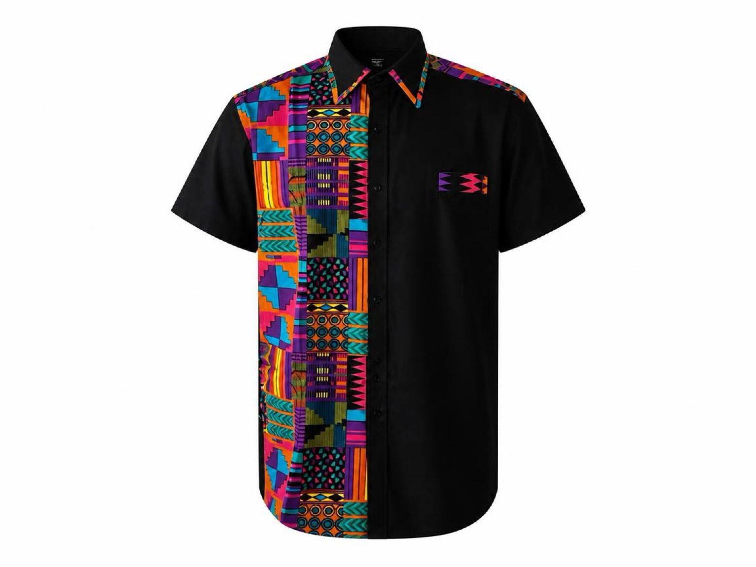 MEN'S BLACK & KENTE MULTICOLOR AFRICAN PRINT SHIRT