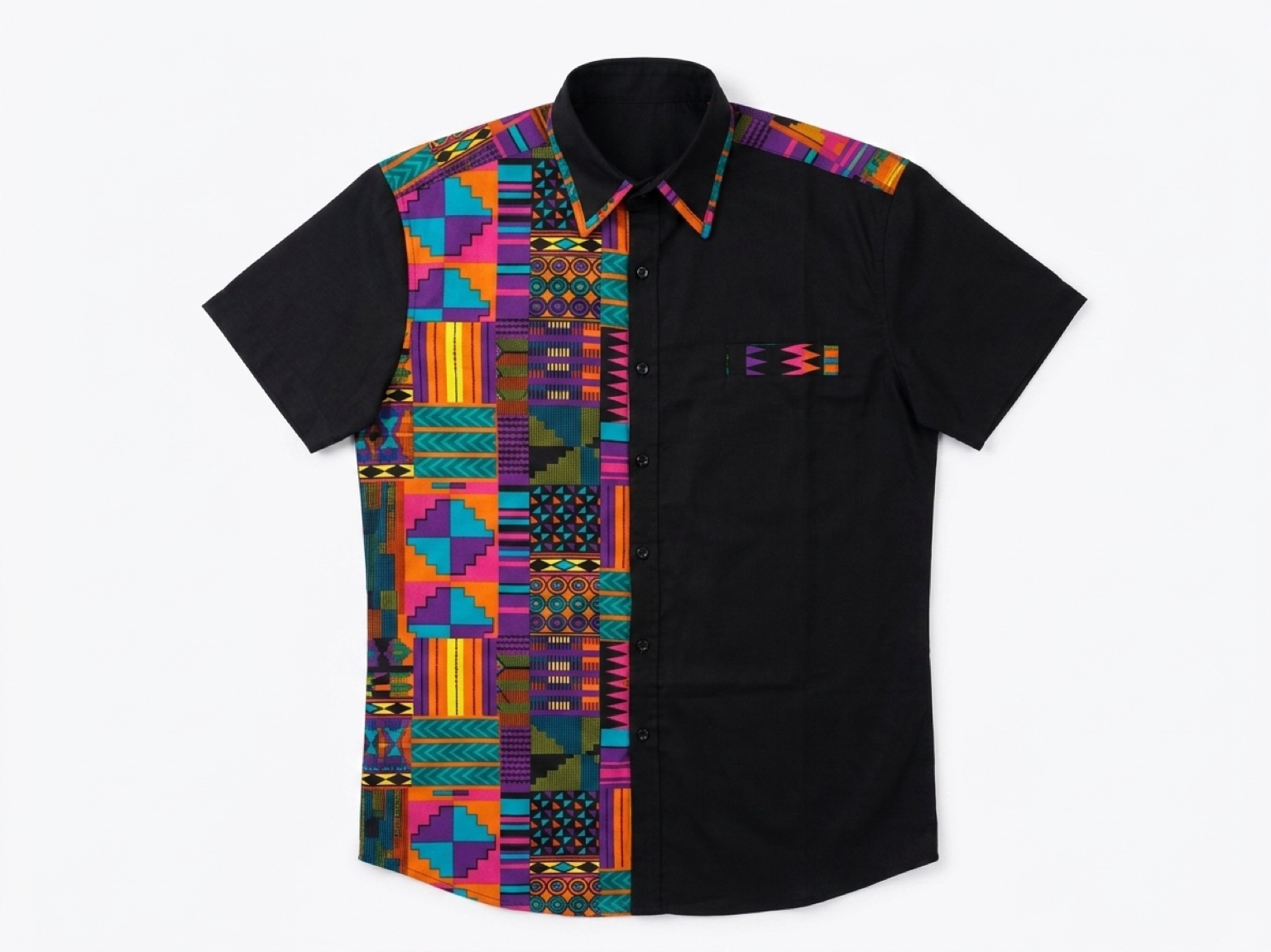 MEN'S BLACK & KENTE MULTICOLOR AFRICAN PRINT SHIRT - Image 4