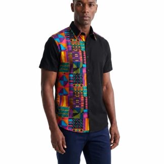 MEN'S BLACK & KENTE MULTICOLOR AFRICAN PRINT SHIRT