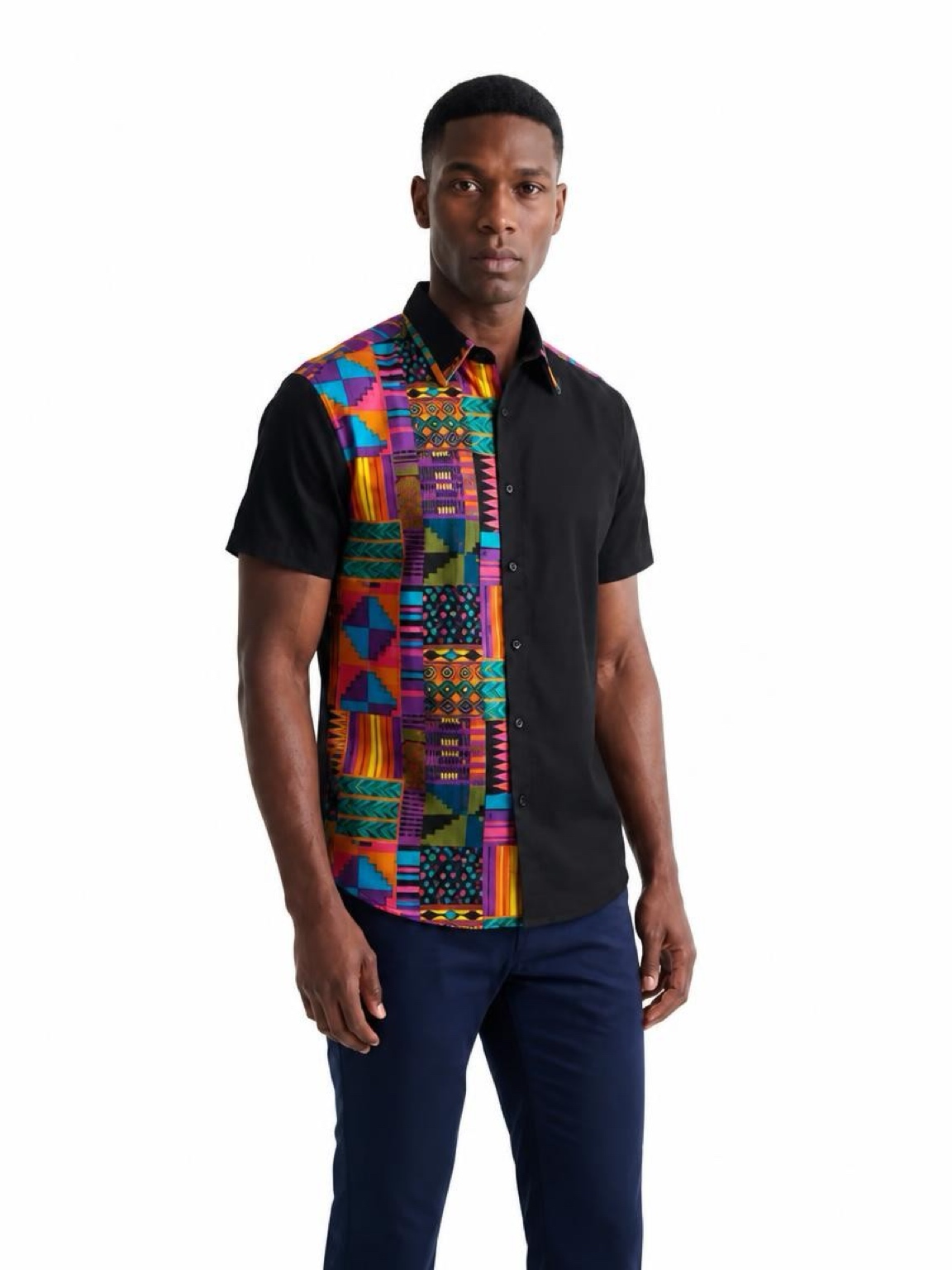 MEN'S BLACK & KENTE MULTICOLOR AFRICAN PRINT SHIRT