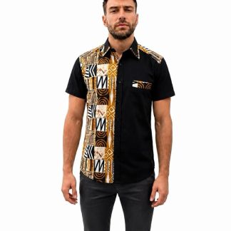 MEN'S BLACK & AFRICAN TRIBAL PRINT SHORT SLEEVE SHIRT