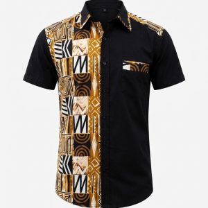 MEN'S BLACK &  AFRICAN TRIBAL PRINT SHORT SLEEVE SHIRT