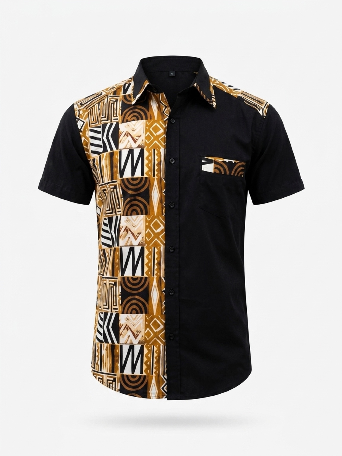 MEN'S BLACK & AFRICAN TRIBAL PRINT SHORT SLEEVE SHIRT