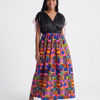 WOMEN'S AFRICAN KENTE SHOULDER DRAWSTRING MAXI DRESS