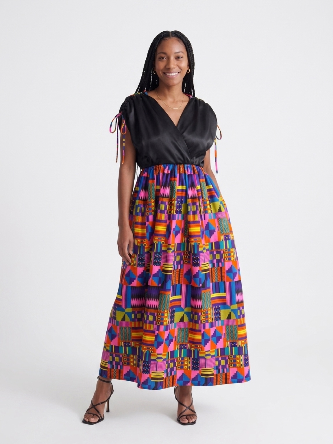 WOMEN'S AFRICAN KENTE SHOULDER DRAWSTRING MAXI DRESS