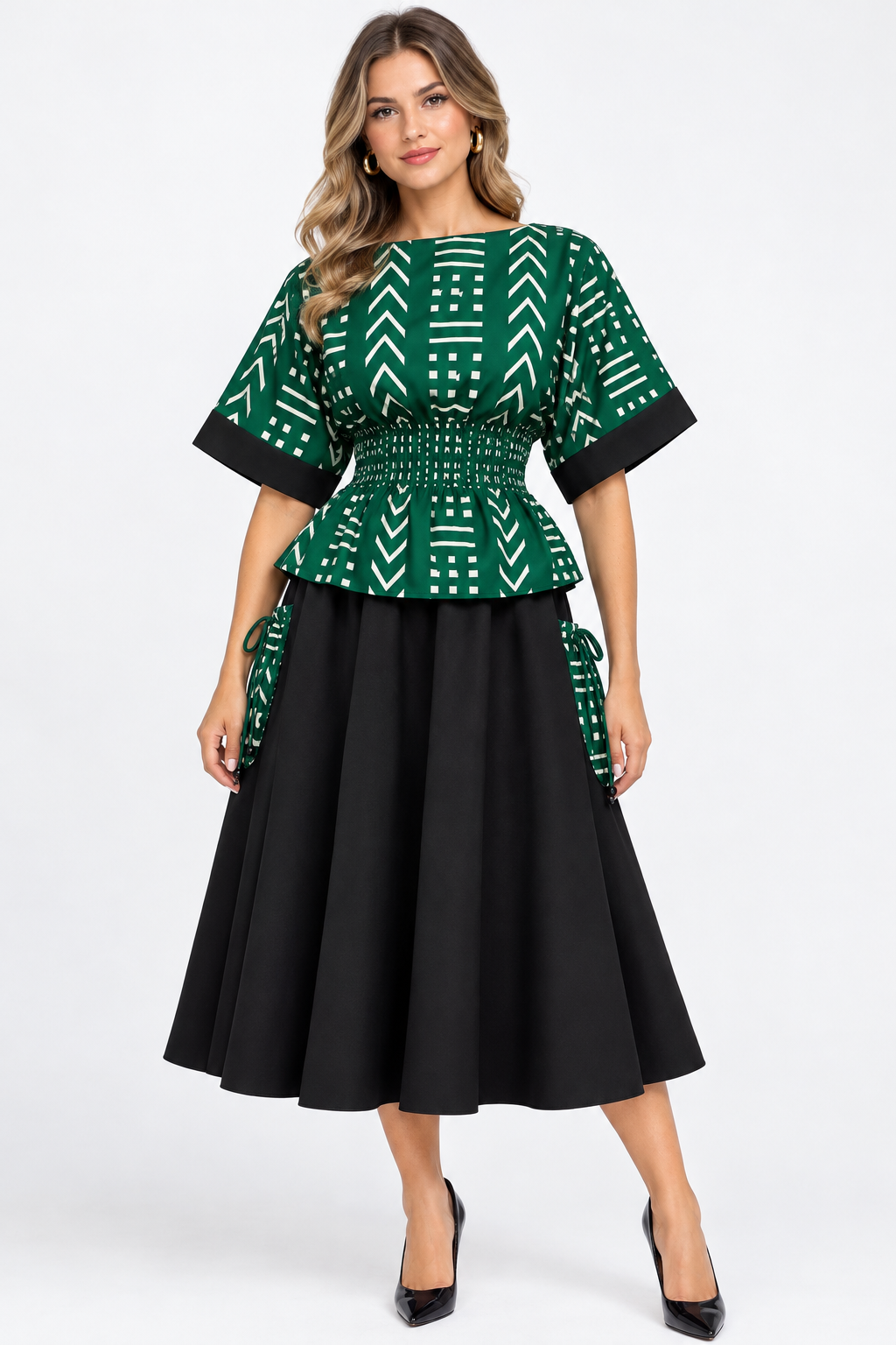 AFRICA ANKARA KIMONO SHIRRED-TOP AND BLACK SKIRT WITH TWO SIDE POCKETS/MADE TO ORDER - Image 4