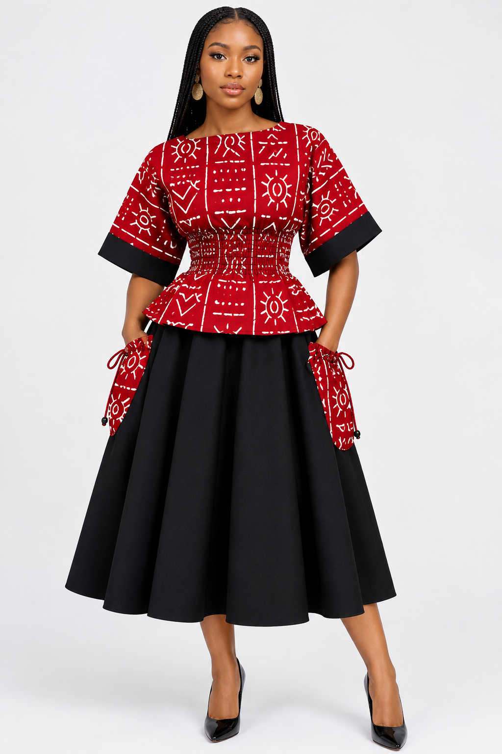 AFRICA ANKARA KIMONO SHIRRED-TOP AND BLACK SKIRT WITH TWO SIDE POCKETS/MADE TO ORDER - Image 5