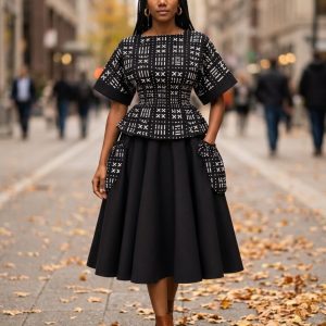 AFRICA ANKARA KIMONO SHIRRED-TOP AND BLACK SKIRT WITH TWO SIDE POCKETS/MADE TO ORDER