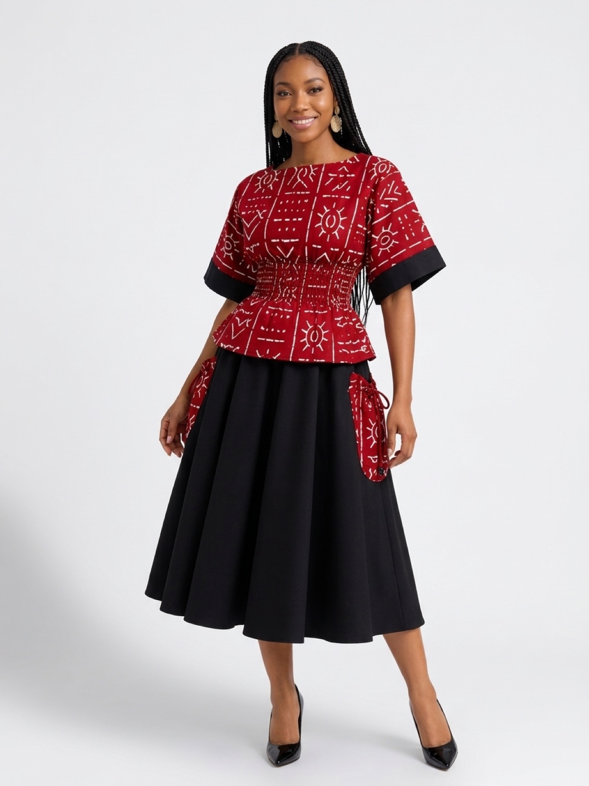AFRICA ANKARA KIMONO SHIRRED-TOP AND BLACK SKIRT WITH TWO SIDE POCKETS/MADE TO ORDER - Image 6
